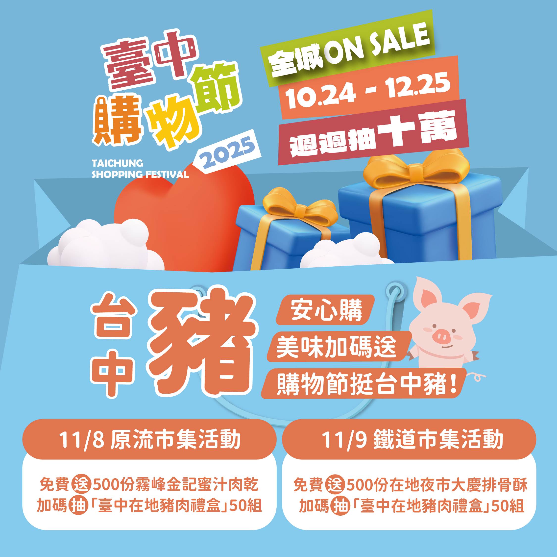 11月9日購物節「鐵道市集」活動，500份排骨酥免費送，再抽台中大安肉乾禮盒。 （圖／台中市政府經濟發展局提供）