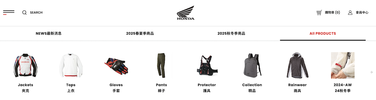 官方網路商店提供從安全防護、人身部品、原廠精品到品牌休閒服飾等多元品項。(圖/台灣本田提供)