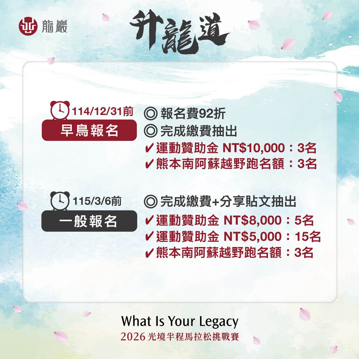 賽事報名正式啟動，即日起至3月6日止開放報名，早鳥期間可享92折優惠並抽萬元運動贊助金。（圖／業者提供）