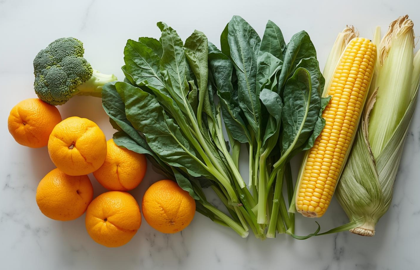 深綠色蔬菜與黃橘色蔬果富含葉黃素與玉米黃素，是保護黃斑部的飲食基礎。（圖／CANVA）