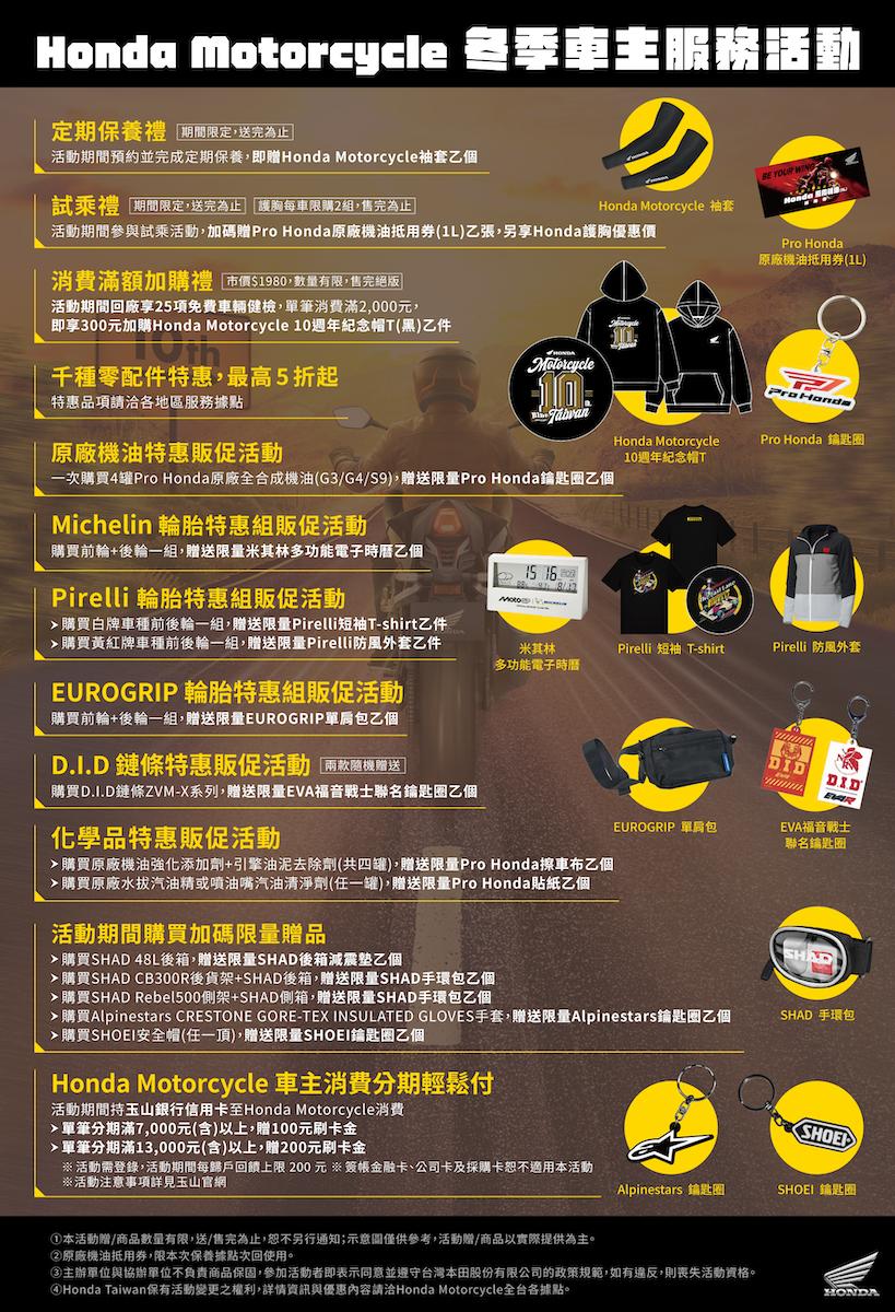 台灣本田二輪「2025冬季車主服務活動」內容。(圖/Honda Taiwan提供)