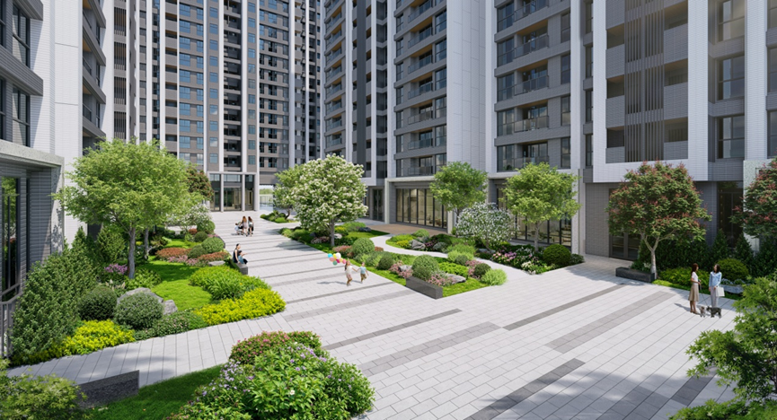 「佳陞豐禾」擁有市中心極稀有的2,100坪超大基地，得以規劃出面積達約470坪的中庭空間。（圖／佳陞豐禾）