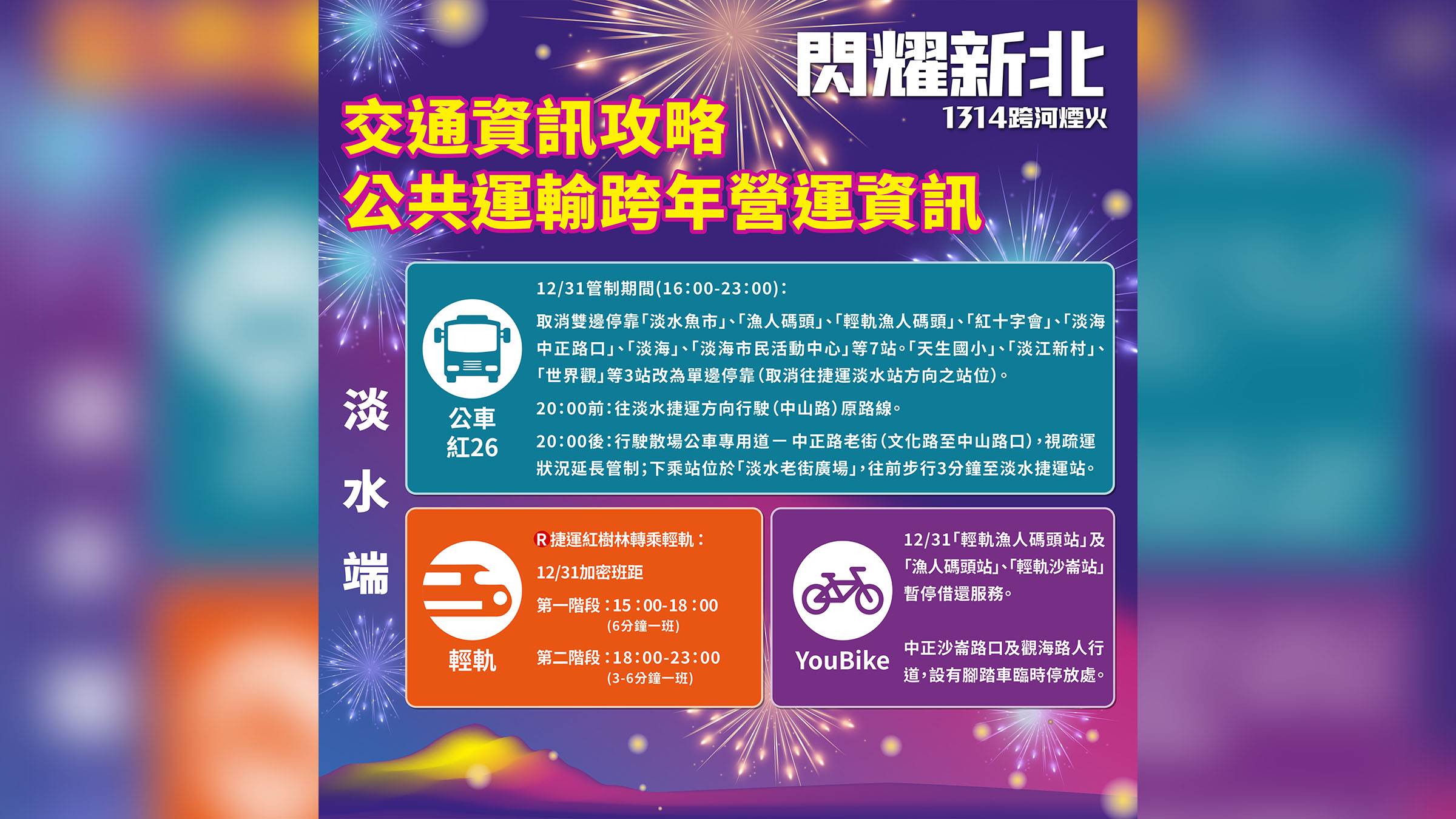 前往淡水星光舞台的民眾,建議搭乘捷運、公車及淡海輕軌,12月31日活動當天,將加密班距。(圖/新北市文化局提供)