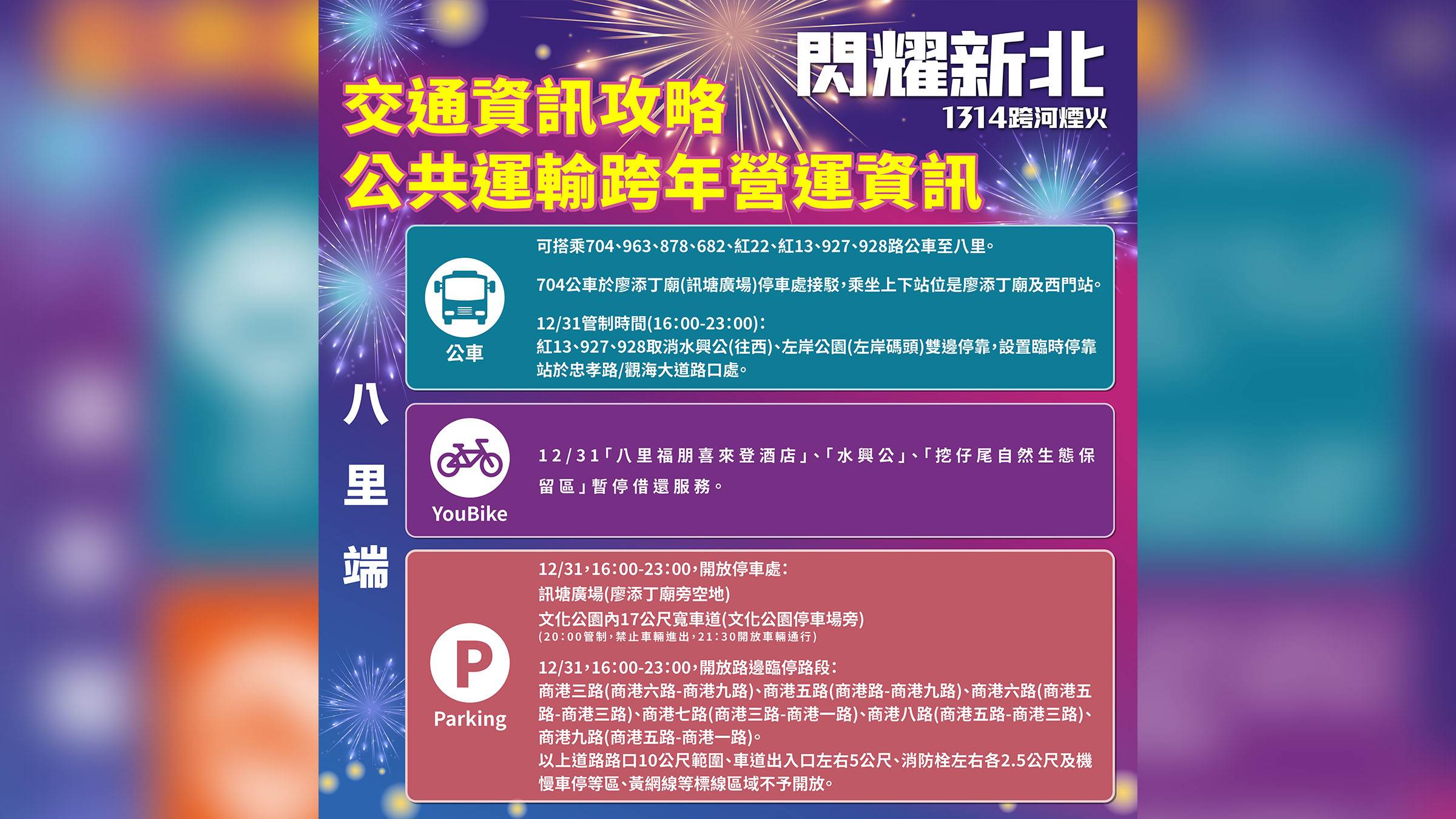 12月31日「閃耀新北1314跨河煙火」活動期間,八里端公車配合交通管制調整停靠站位。(圖/新北市文化局提供)