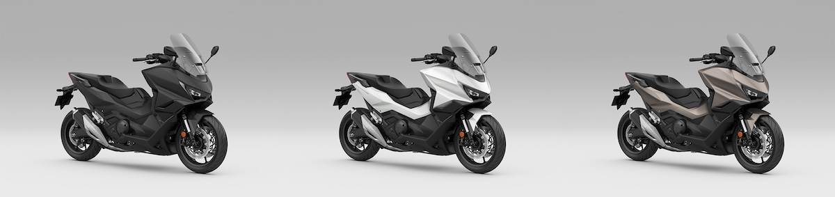 FORZA 750由左至右為金屬黑、珍珠白與消光暖輝金。（圖／Honda Taiwan提供）