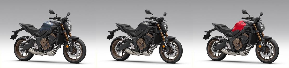 CB650R E-Clutch由左至右消光牛仔藍、消光黑與GP紅。（圖／Honda Taiwan提供）