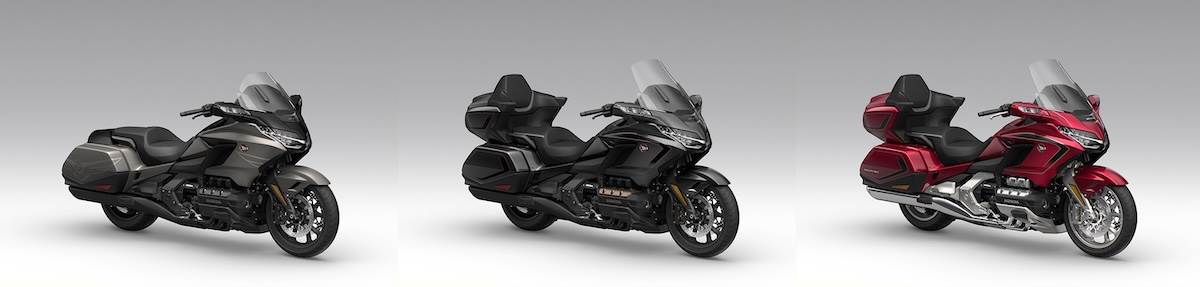 GOLDWING DCT提供消光銀（左）；GOLDWING TOUR AIRBAG DCT提供金屬黑車色（中）與糖果紅（右）。（圖／Honda Taiwan提供）