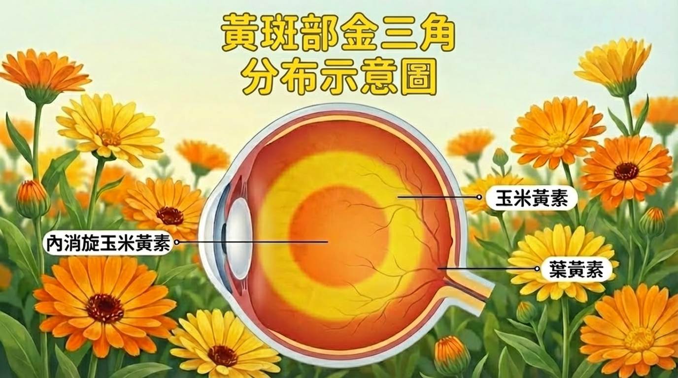 「黃斑部金三角」分布示意圖。（圖／AI生成）