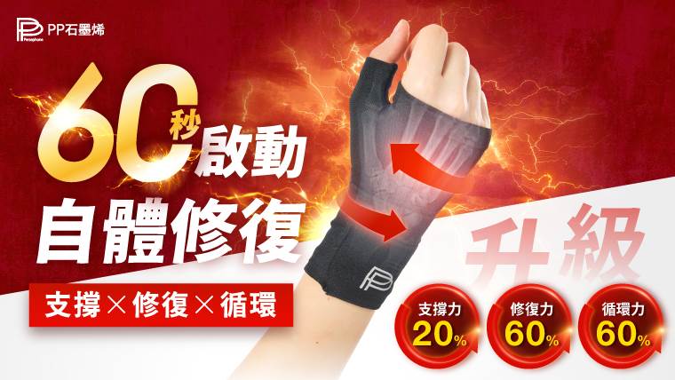 石墨烯護腕 60 秒啟動自體修復，支撐 × 修復 × 循環全方位升級。（圖／PP石墨烯提供）