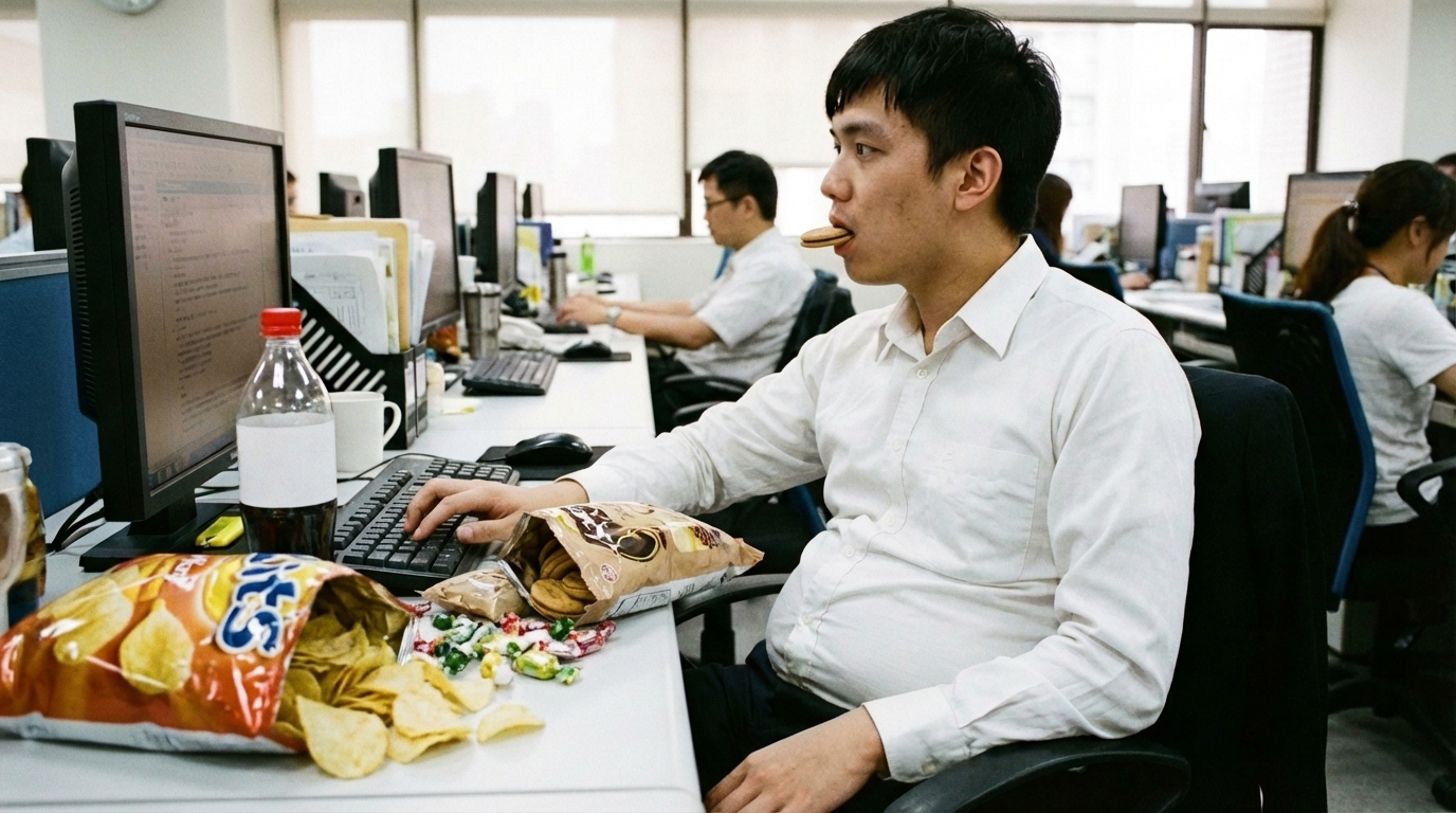 長時間久坐的上班族，外表看似不胖，但腹部脂肪容易悄悄累積。（圖／AI生成）