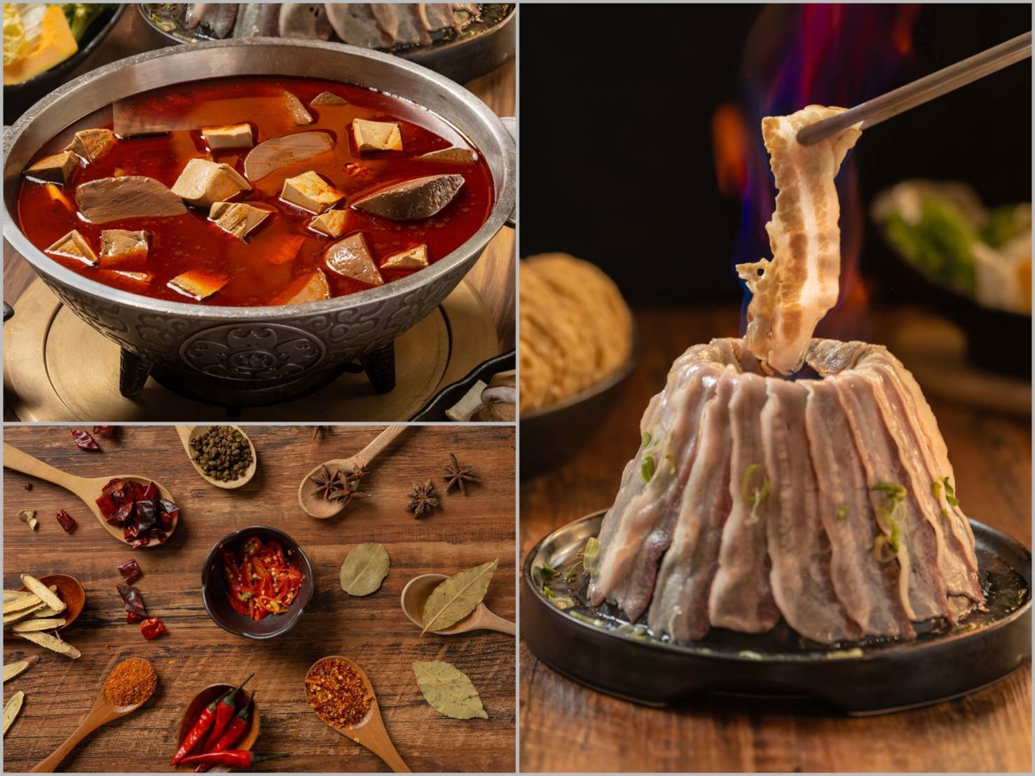 漢方麻辣湯搭招牌火焰炙燒豬　打造沉浸式鍋物饗宴。（圖／岩漿火鍋提供）