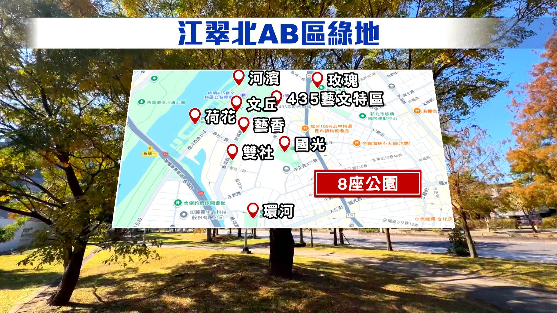 以435藝文特區為核心，周邊串聯雙社公園、國光公園、文丘公園及河濱公園等共8處綠地，被視為新板特區的後花園。（圖／東森新聞）