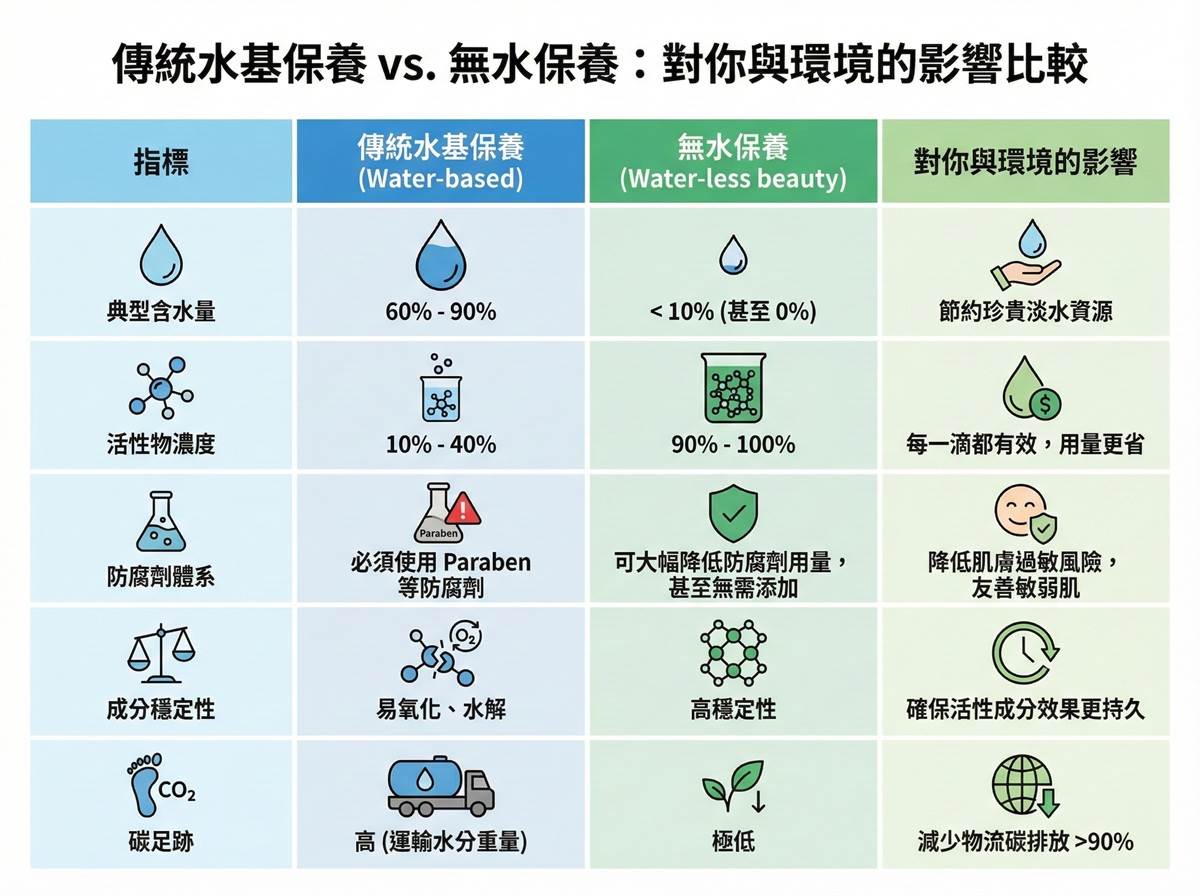 相比傳統水基保養，無水配方在活性濃度、防腐需求與碳足跡上皆大幅降低負擔，是兼顧保養效果與永續環境的新選擇。（圖／SoulKind提供）