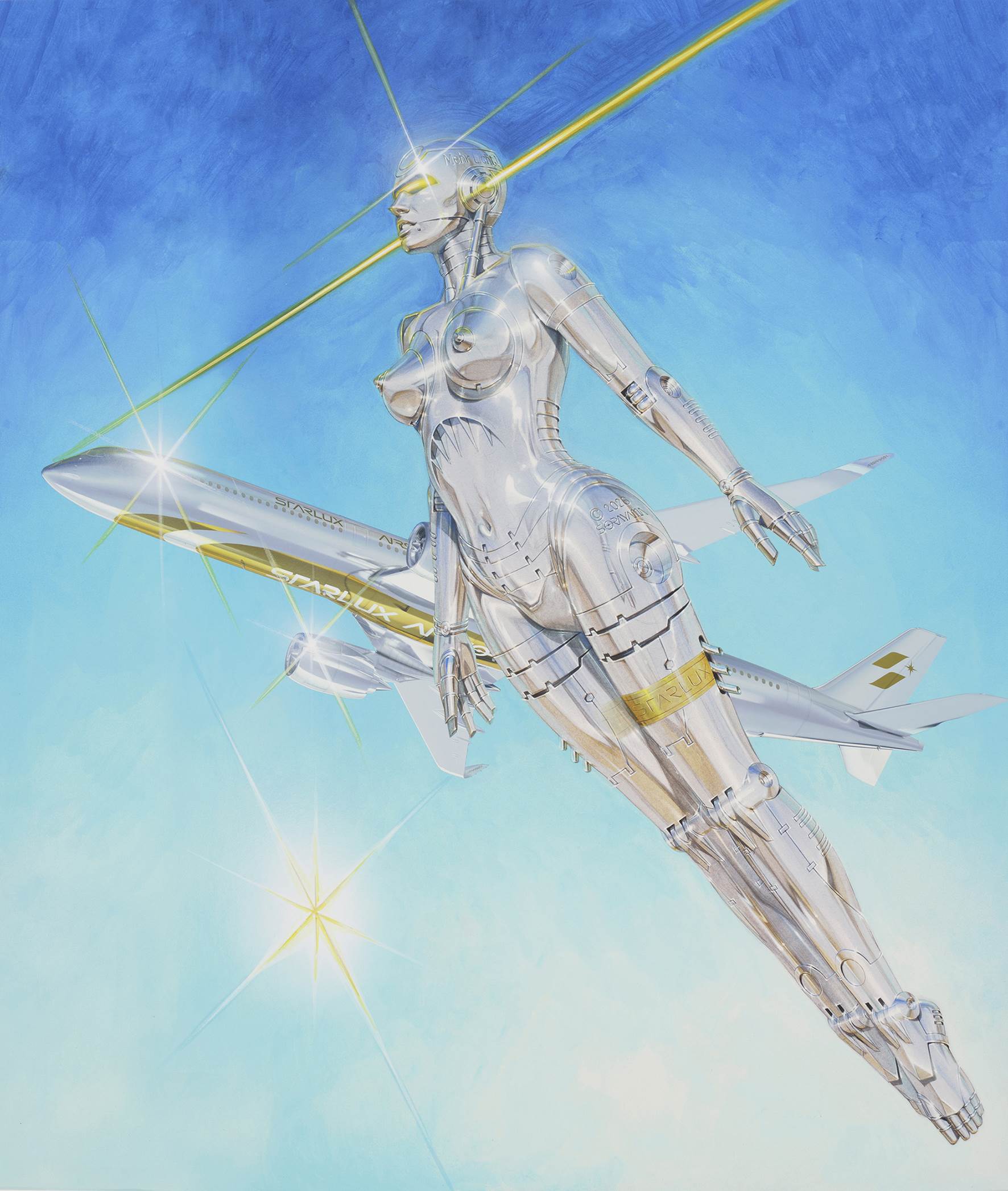 3_STARLUX AIRSORAYAMA_核心視覺由空山基將其代表作「機械姬」結合飛機意象，在北極星的指引