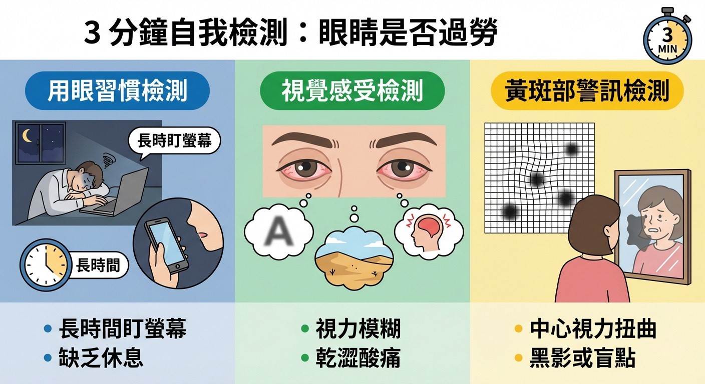根據三個面向自我檢測，降低雙眼長期處於高負荷狀態。（圖／AI生成）