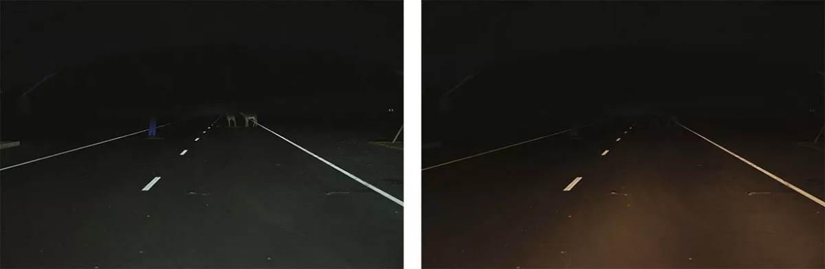 圖左是配備LED大燈的車款，可以看出明顯比圖右配備鹵素燈泡的車款來得更亮且看得更遠。（圖／IIHS提供）