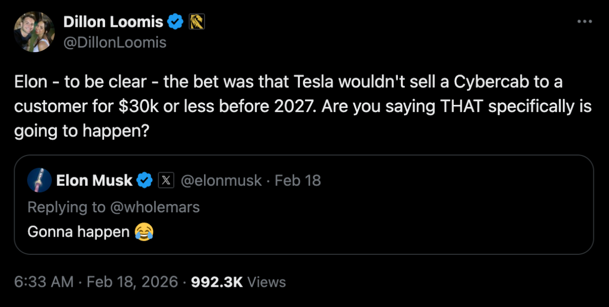 Elon Musk在社群平台X上公開表示Cybercab定價將會在三萬美元以內，這將會讓汽車市場產生巨大影響。（圖／翻攝自X＠DillonLoomis）