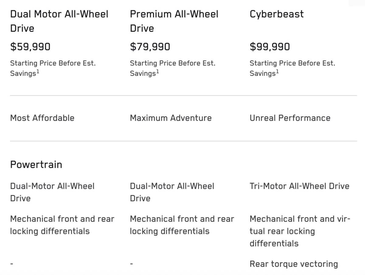 Cybertruck目前擁有三種車型配置，頂規車型取消了與Luxe Package同捆包的豪華套裝。（圖／翻攝自特斯拉官網）