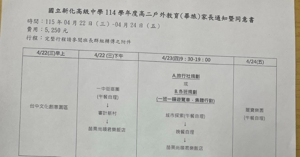高中生怨畢旅一堆自費收5250元 校方回應了