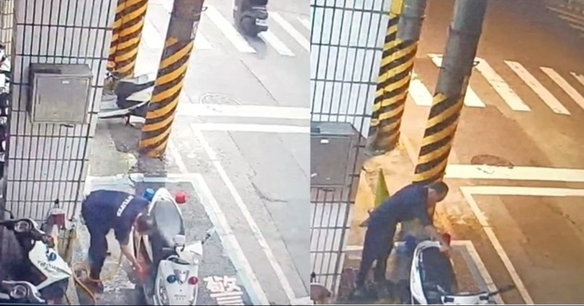 基隆一分局派出所所長「舔手指」引發熱議，稍早所長白天洗車、晚上也洗車畫面曝光。（圖／翻攝畫面）