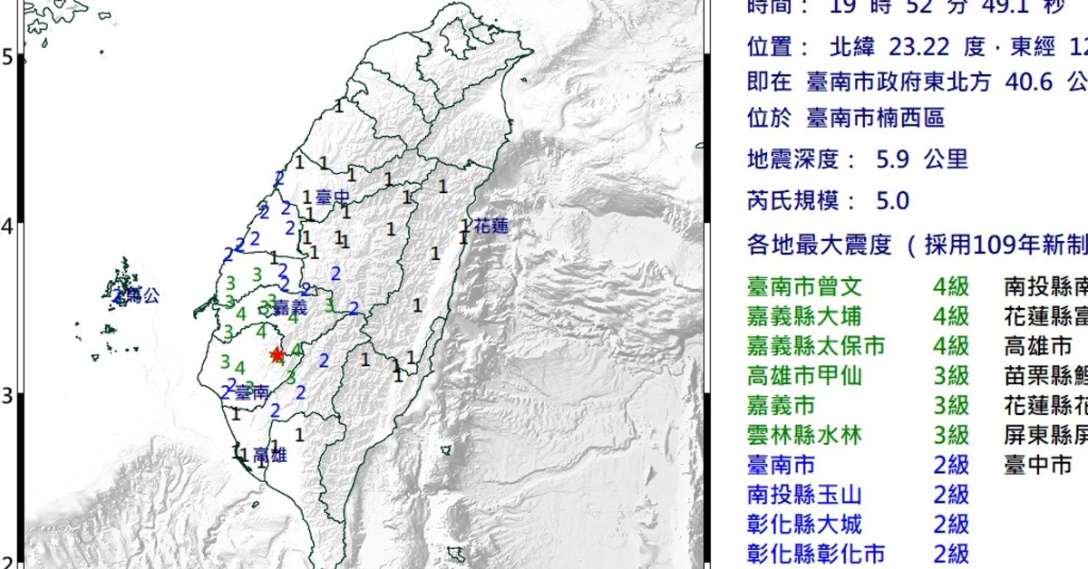 台南3日晚間發生5.0地震。（圖／氣象署）