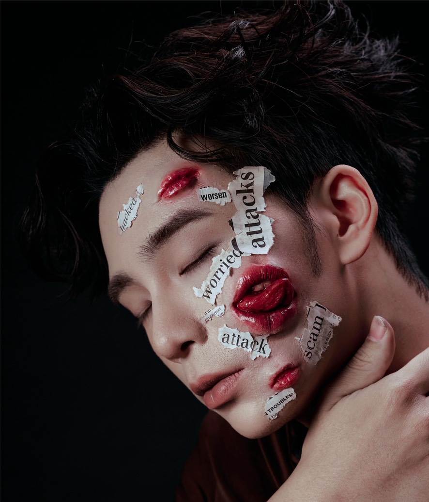 儲旭以特效改造清秀臉龐，將社會集體焦慮具象化為反映當代氛圍的行動藝術。（圖／儲旭提供）