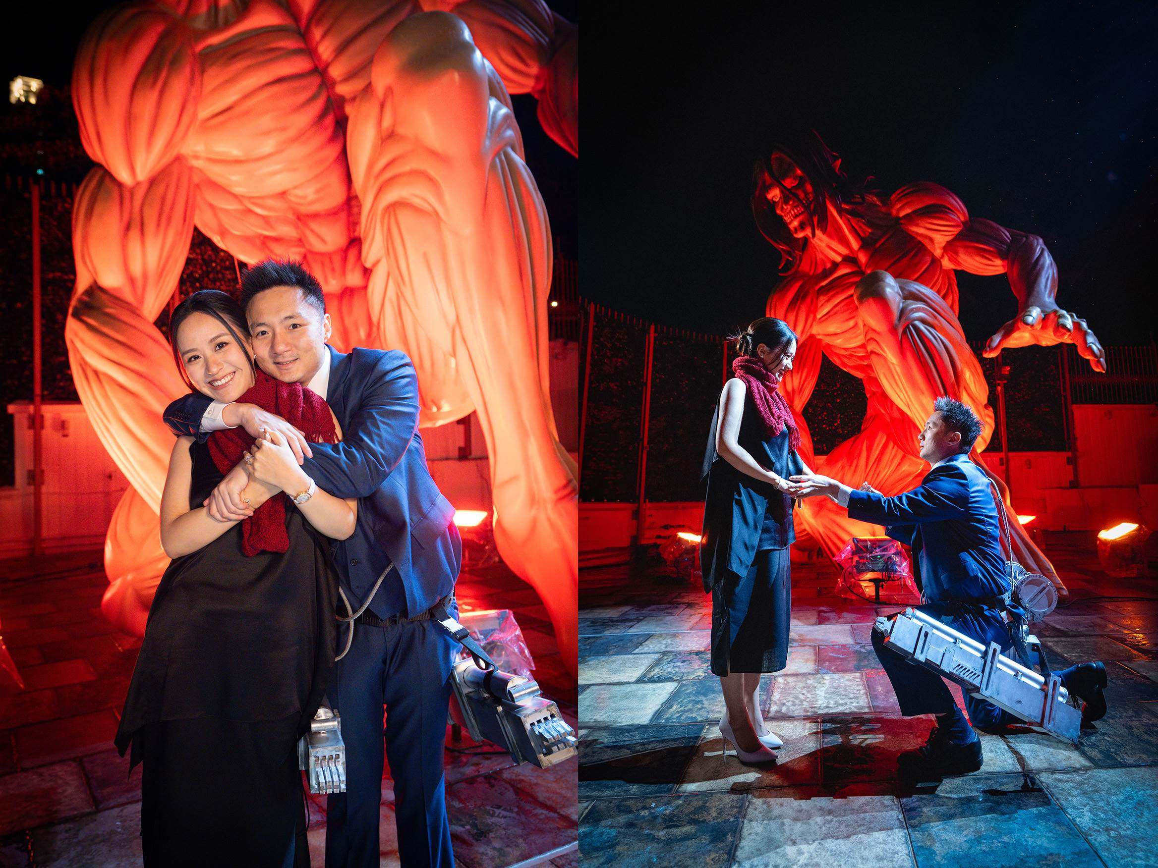 3鍾培生與莊雅婷在巨人甜蜜合照、鍾培生為莊雅婷戴上頸巾，然後跪地讀出求婚承諾