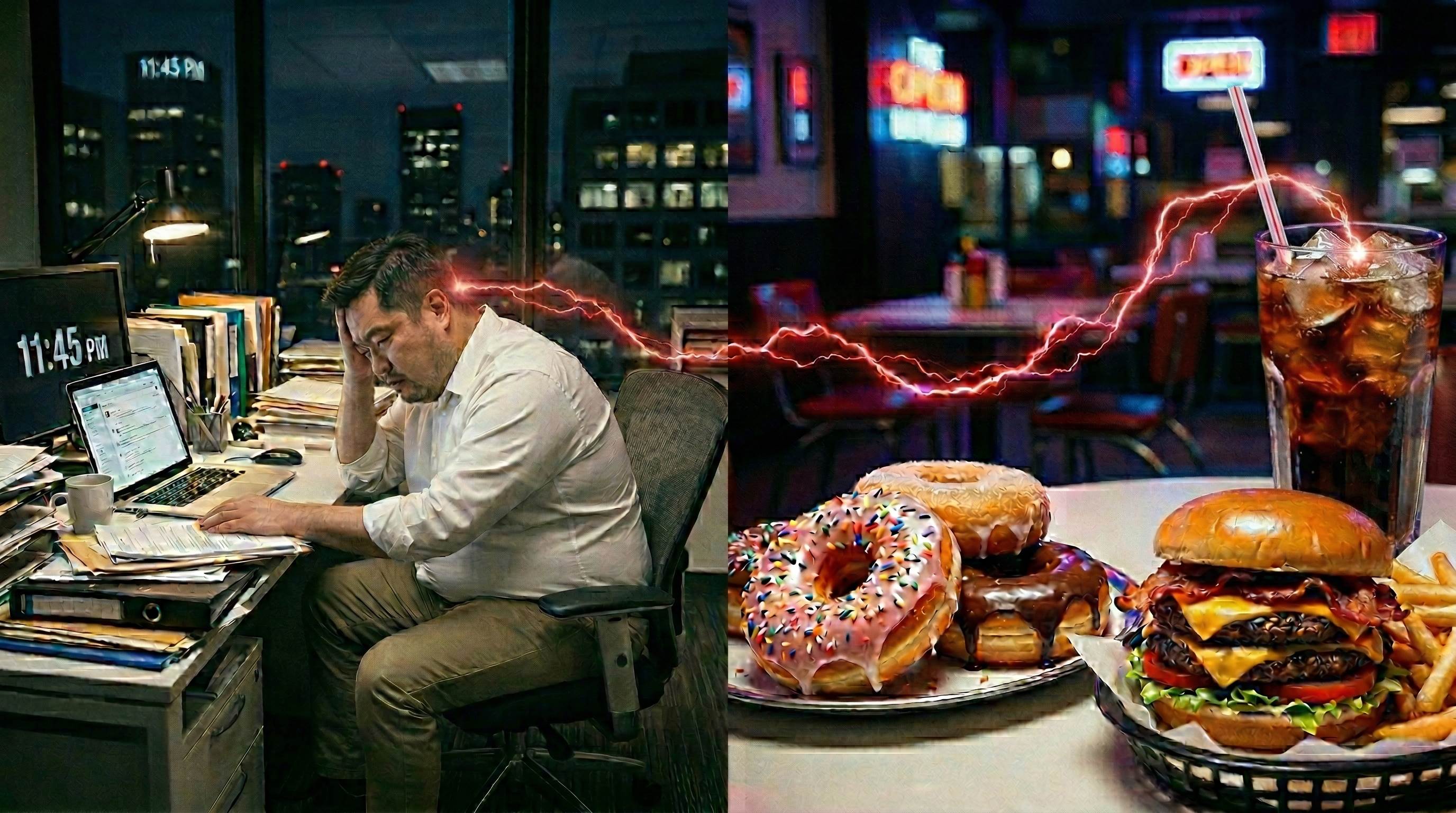 高壓生活與失控飲食的惡性糾纏，正悄悄牽動全身的「健康危機網」。（圖／AI生成）