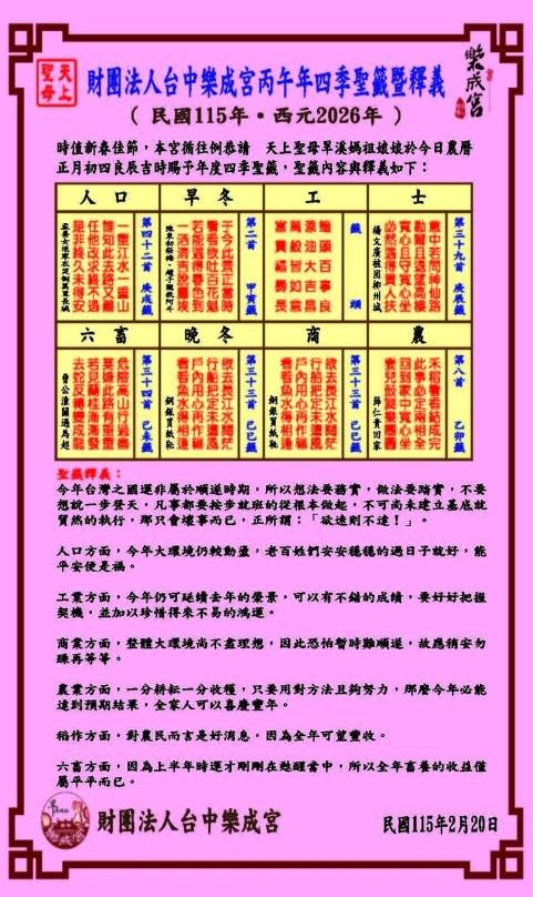 位於台中的樂成宮近日公布2026年年度籤詩與整體運勢解讀。（圖／翻攝自財團法人台中樂成宮旱溪媽祖廟臉書）