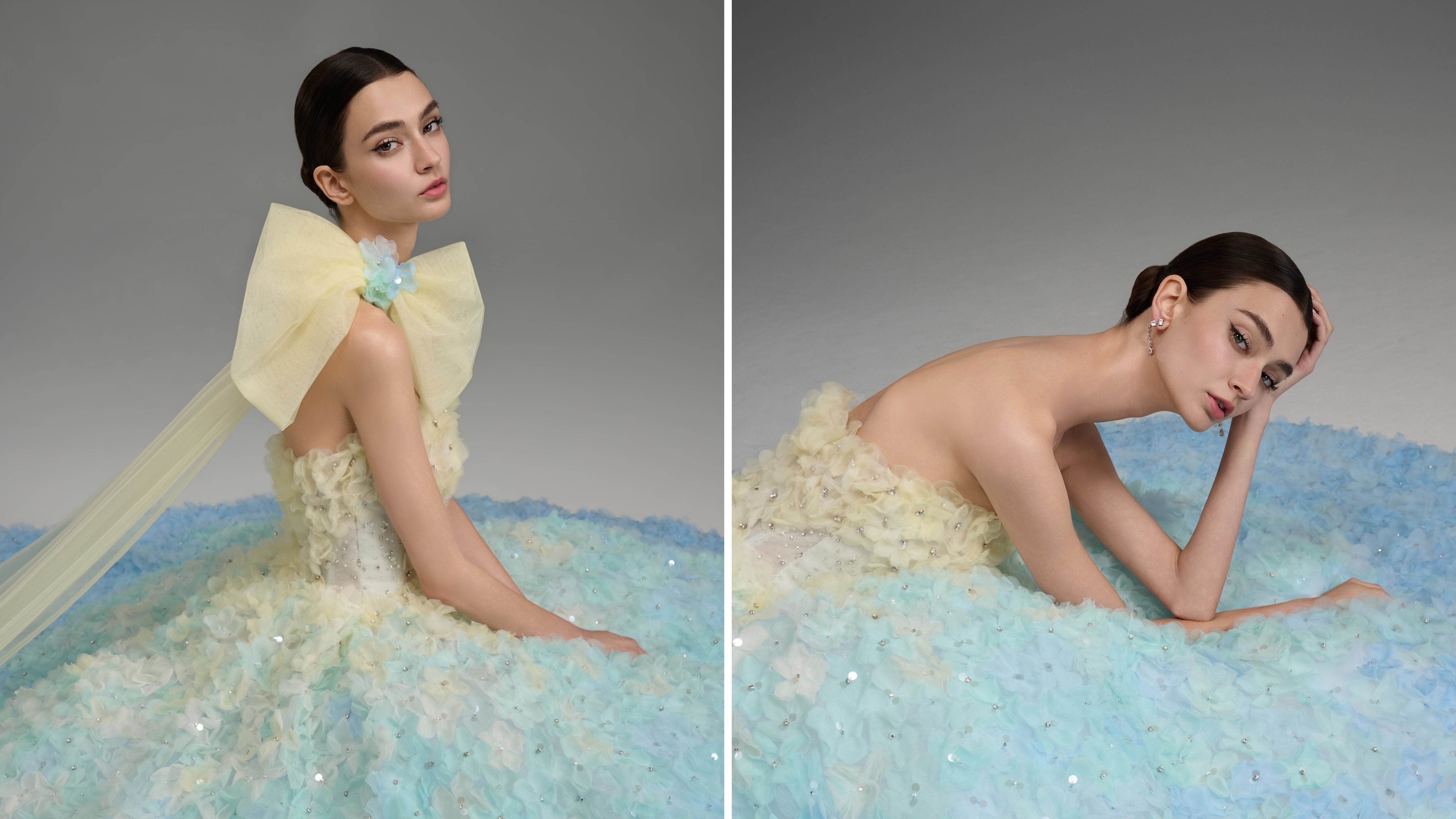 4圖說：「花彩／ Petal Glow」為「夢幻經典」系列裡最耗時，逾3千朵立體手工花，歷時近4個月才完成。均衡的漸層效果考驗工匠手藝，可拆式蝴蝶結披肩增加變化。（LinLi Boutique提供）