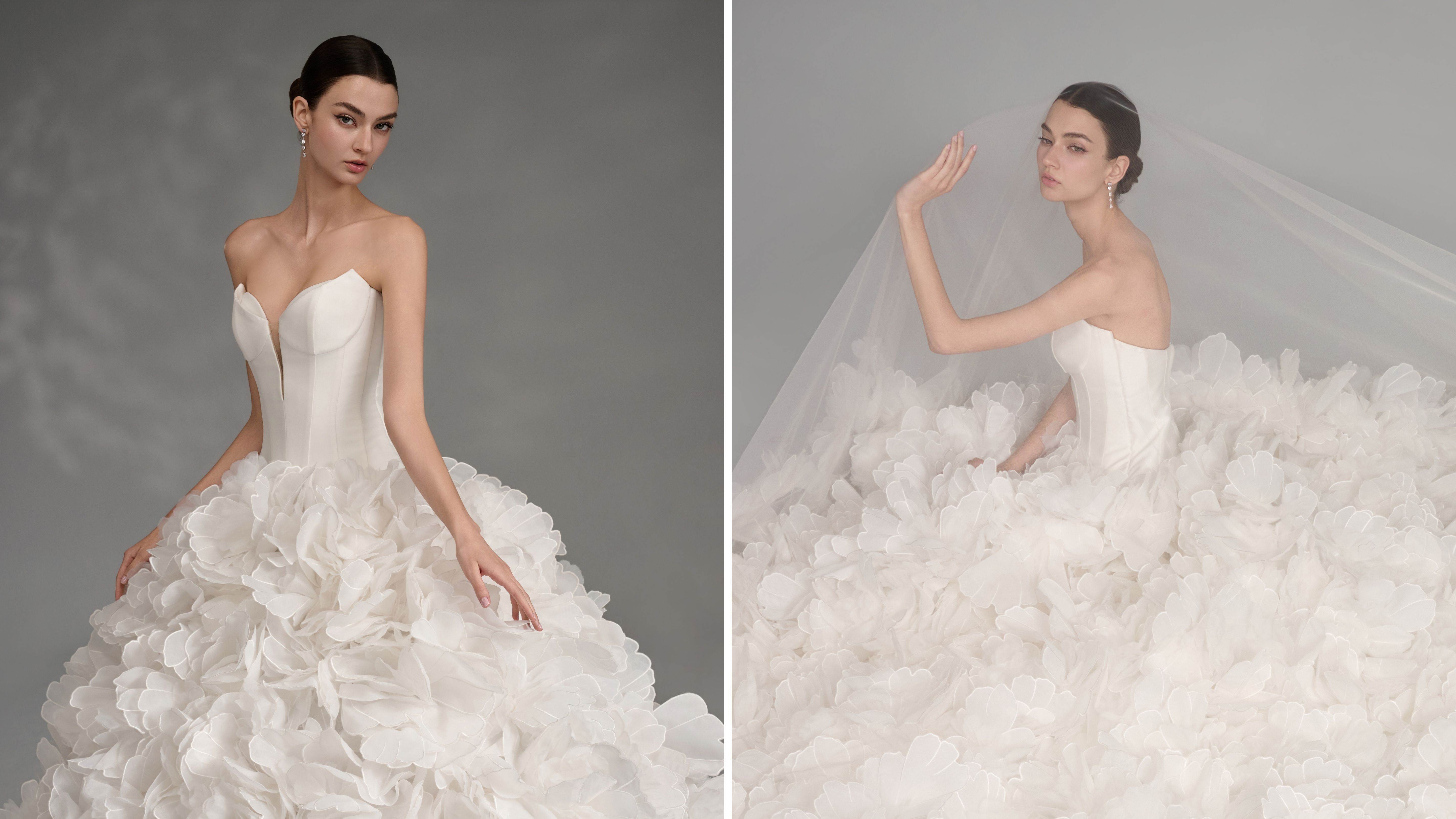 5圖說：「繁花／ Blossom」的特色除了裙擺上3百多朵手工花，馬甲往下移動，落腰點至胯骨也是設計亮點。（LinLi Bouquite提供）