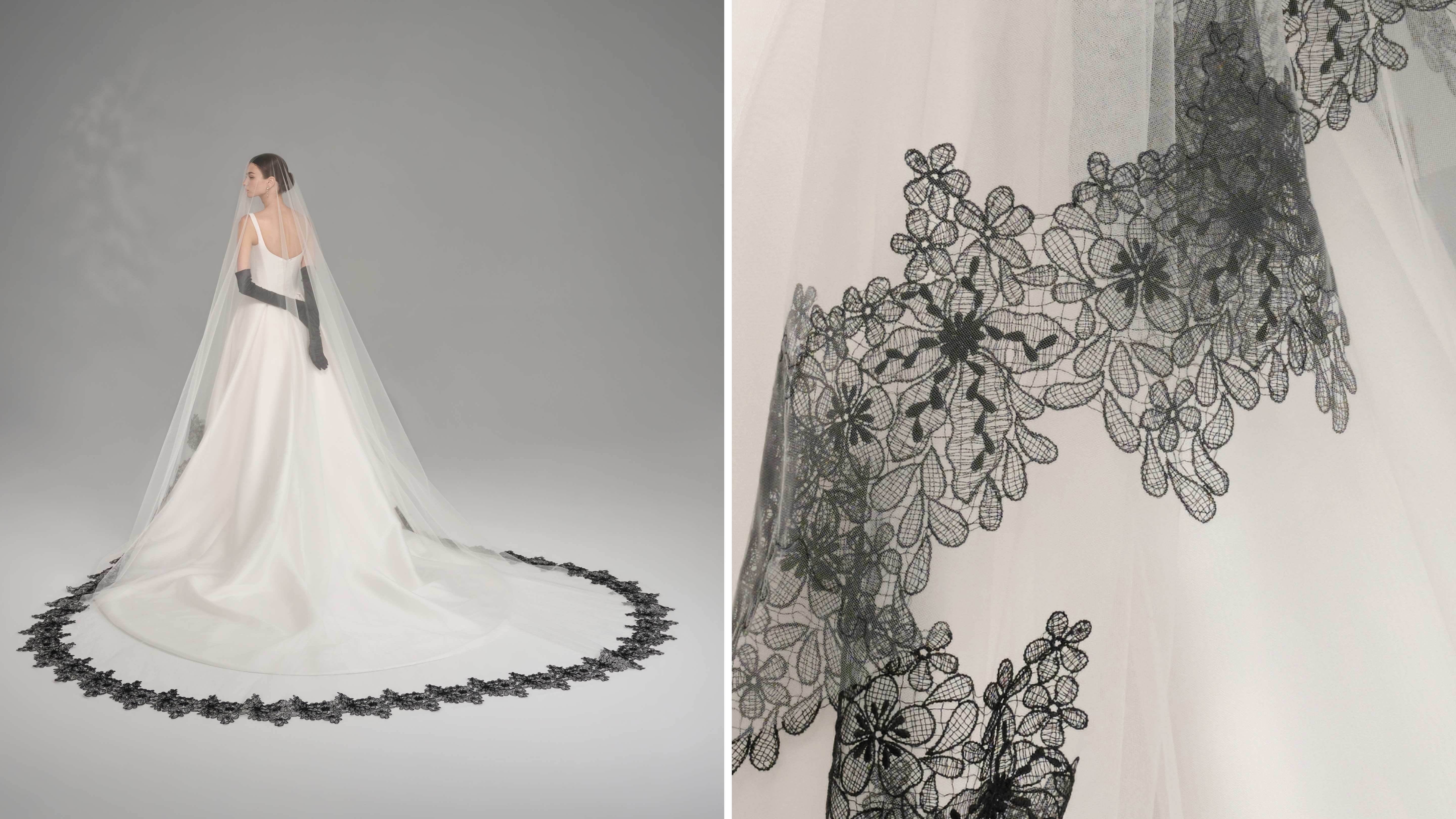 6圖說：「黑白之境／Noir Blanc」經典馬甲與緞面後拖紗的結構，沿著頭紗邊縫製的黑色細魚骨蕾絲加上黑手套，神秘又不失浪漫。（LinLi Bouquite提供）