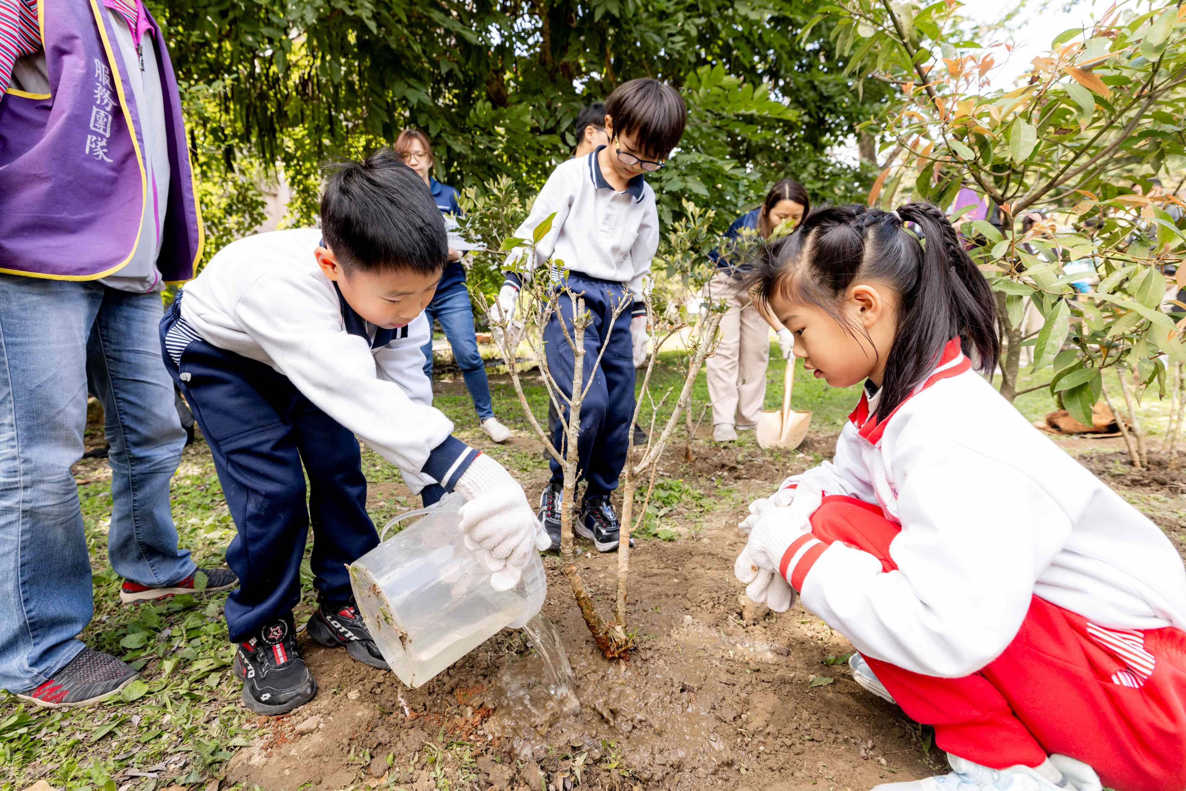 板橋區大觀國小學童參與校園植樹。(圖/新北市提供)
