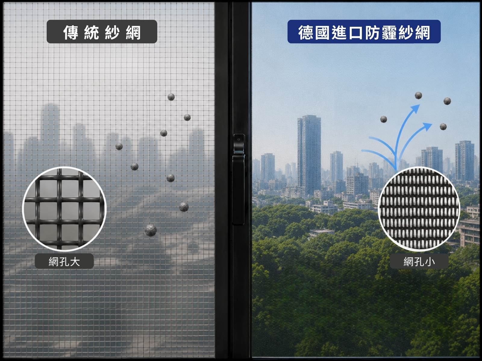 良展防霾紗網網孔密度遠高於傳統紗窗，經陽明交通大學環工所實測，PM2.5攔截率達99.2%。（圖／良展新科技提供）