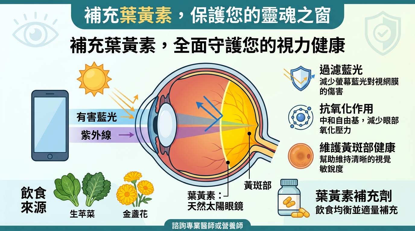 護眼已進入2.0時代:光補葉黃素不夠,完整藍光防護與抗氧化配方缺一不可。(圖/AI生成)