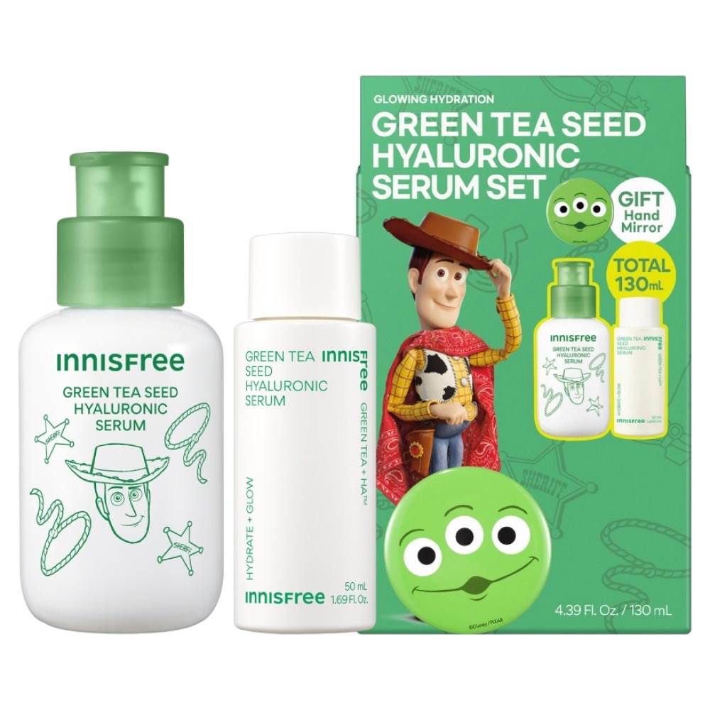 INNISFREE綠茶籽玻尿酸保濕精華組玩具總動員限定版,為最新續集萌趣預熱。(圖/Coupang酷澎提供)