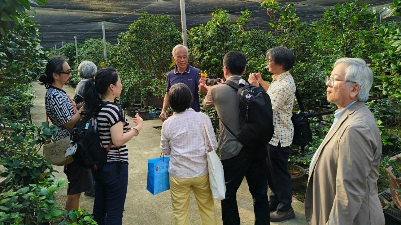 日本貴賓參觀佳信茶花園，蔡燦玉老師親自解說茶花文化與創生亮點。（圖／中華大學提供）