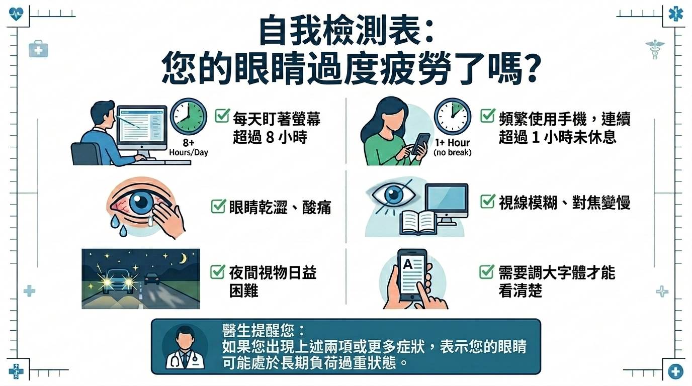 透過以上檢測表,重新檢視眼睛是否已處於負荷過重的狀態。(圖/AI生成)