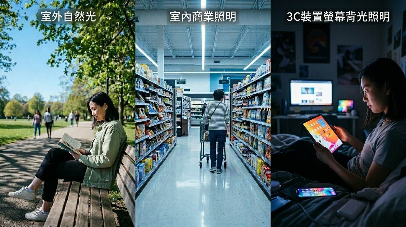 藍光無所不在,眼睛幾乎沒有休息時間。(圖/AI生成)