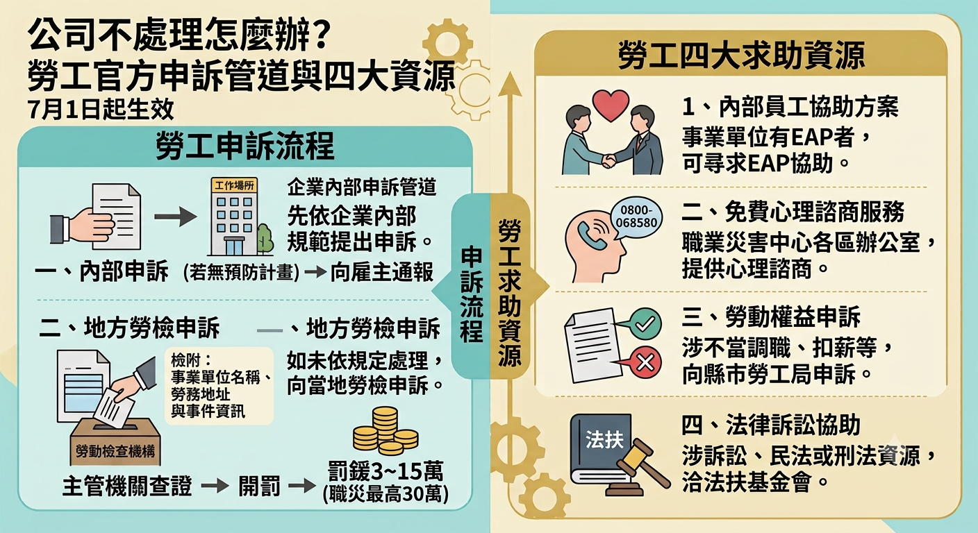 勞工官方申訴管道與四大資源。(示意圖/AI生成)