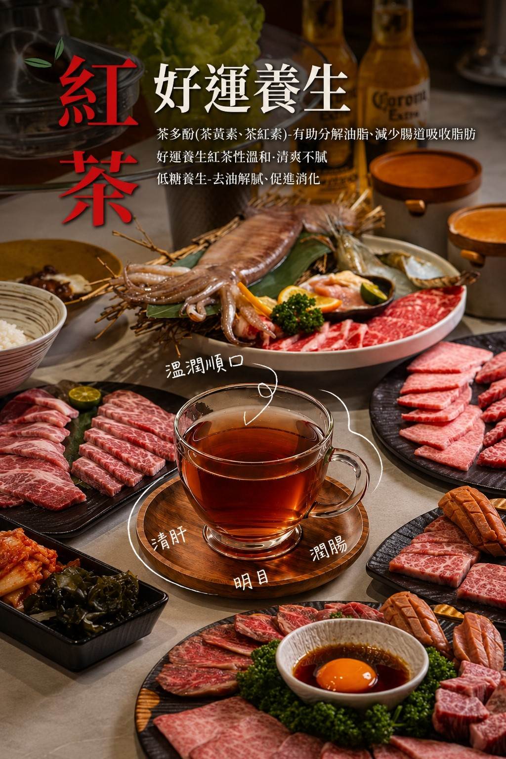 好運養生紅茶作為用餐前的開場飲品，結合手工製作與互動元素，讓顧客在用餐前便能感受到期待和參與感；未滿18歲不得飲酒，開車不喝酒，酒後不開車。（圖／業者肉民聚集所提供）