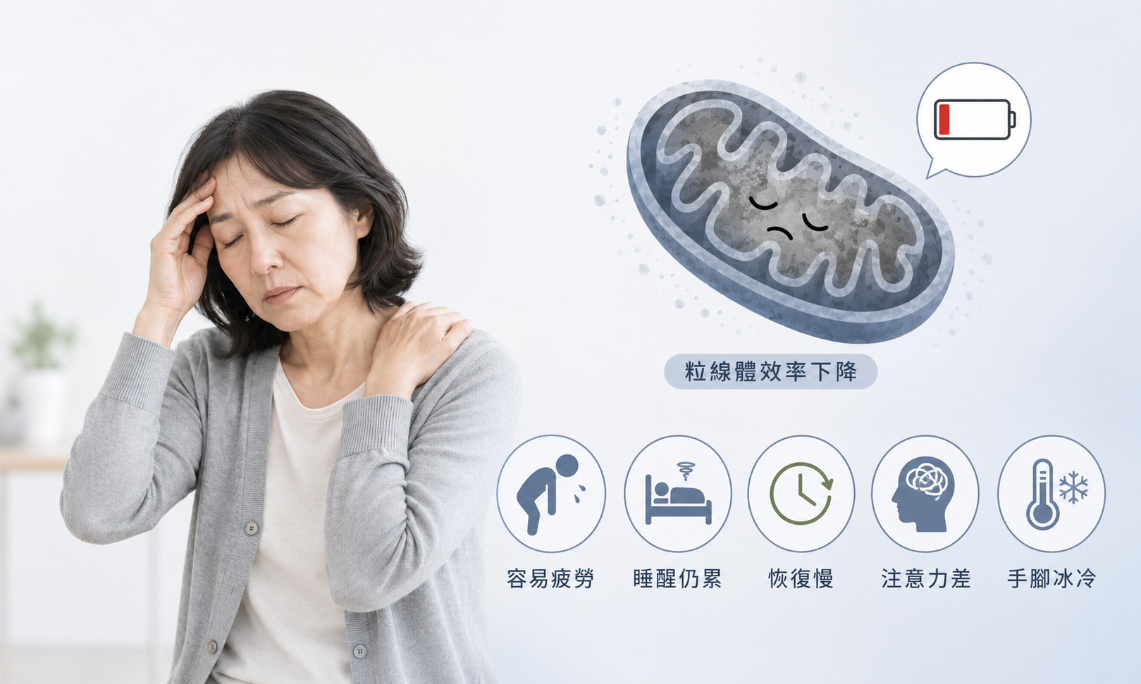 當粒線體能量轉換效率降低，身體可能出現疲勞、注意力下降及恢復變慢等情形。(圖/業者提供)