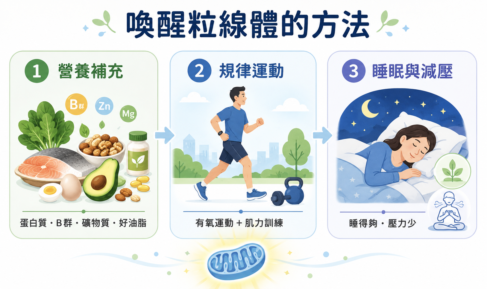 透過營養補充、規律運動及良好睡眠習慣，有助支持粒線體正常運作。(圖/業者提供)