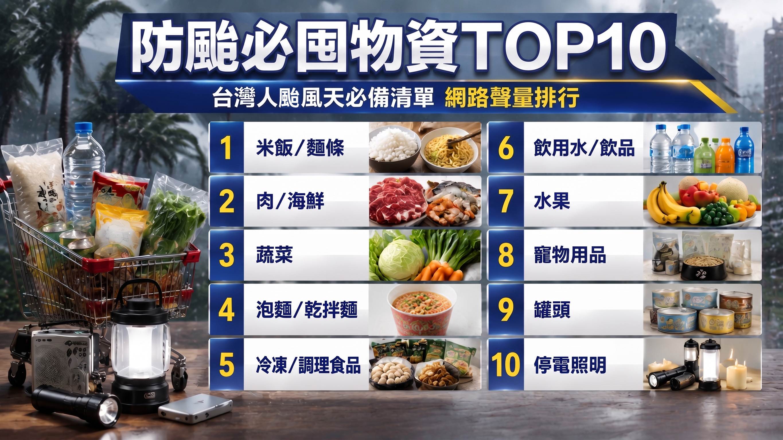 台灣人防颱必囤物資排行前十名。（圖／AI生成）
