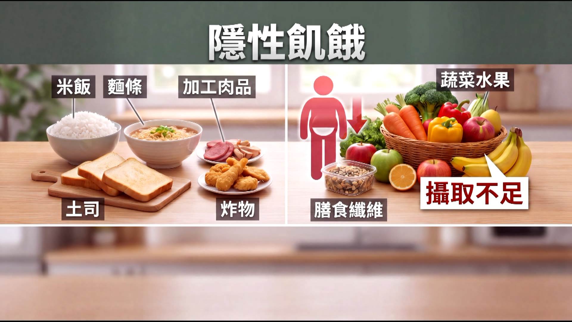 外食比例高、膳食纖維攝取不足,容易形成「隱性飢餓」。(圖/東森新聞)(圖/東森新聞)