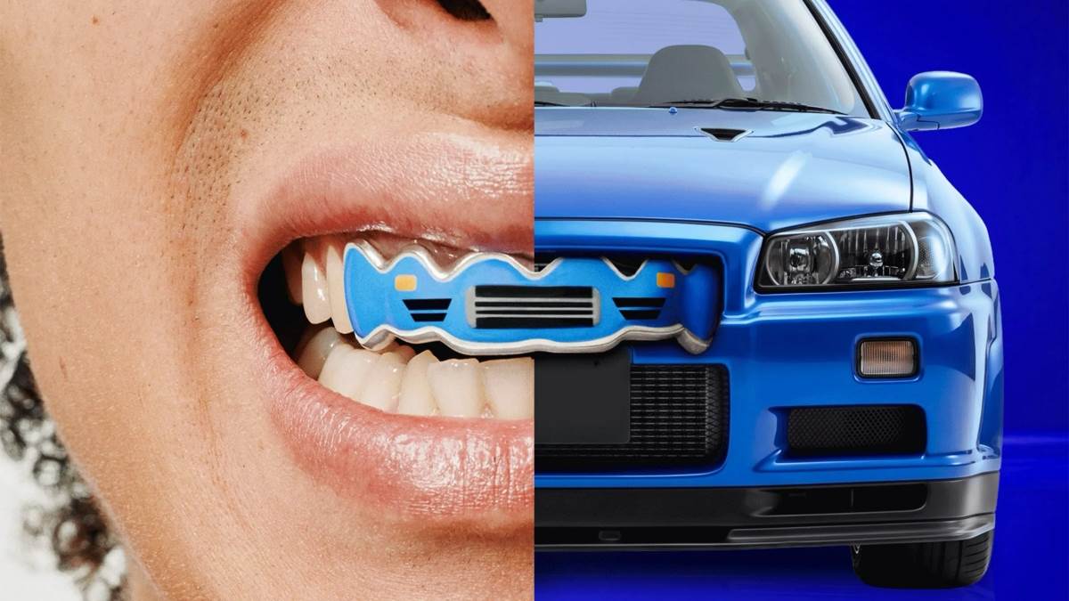 第一款牙套以經典的藍色為主調，設計靈感直接取材自傳奇R34 GT-R的前水箱護。（圖／日產提供）