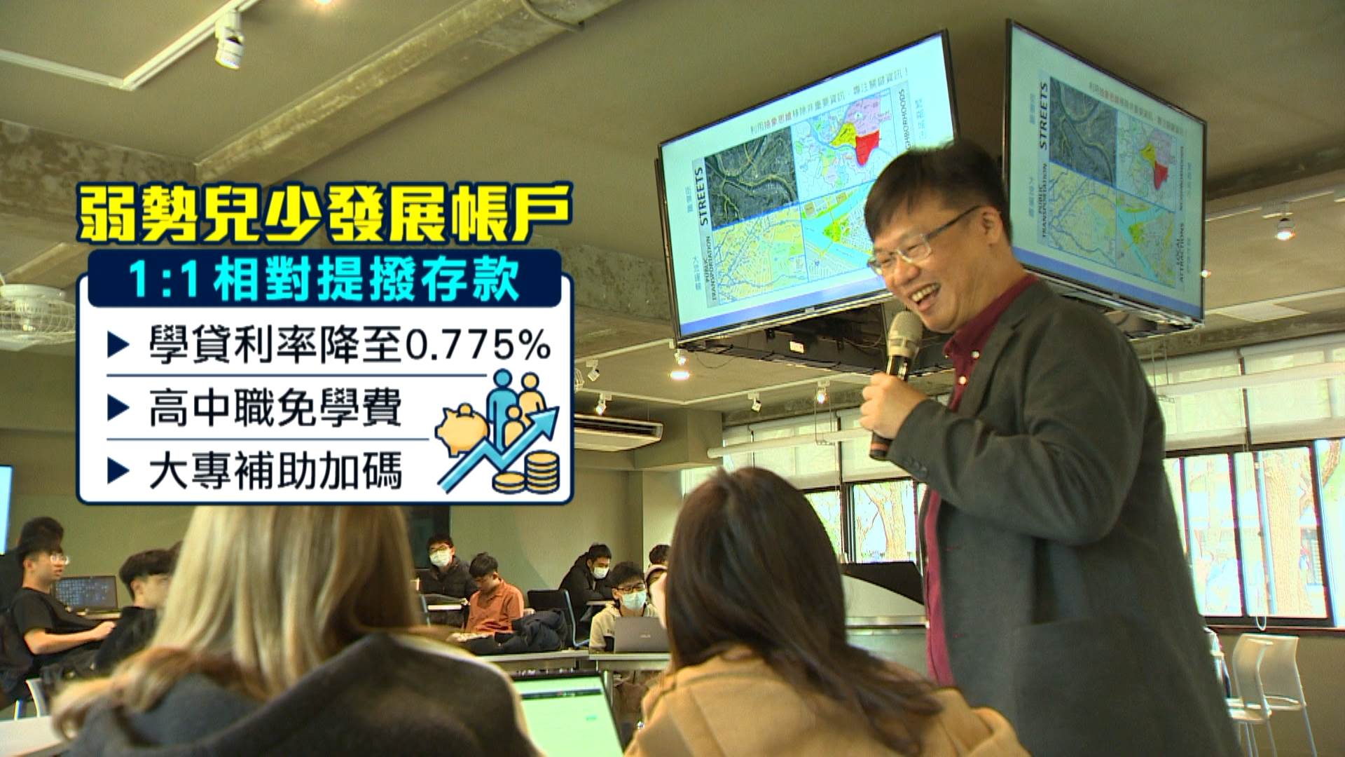 <a href='/search/tags/學貸/' target='_blank'>學貸</a>利率降至0.775%,搭配高中職免學費及大專補助等政策,照顧弱勢兒少 。(圖/東森新聞)