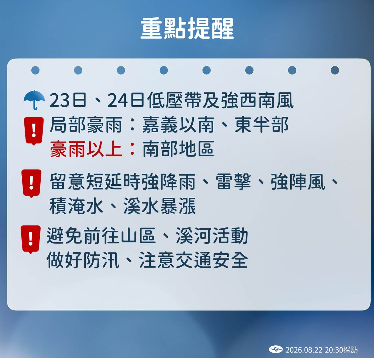 低壓帶攜西南風來勢洶洶。（圖／氣象署）