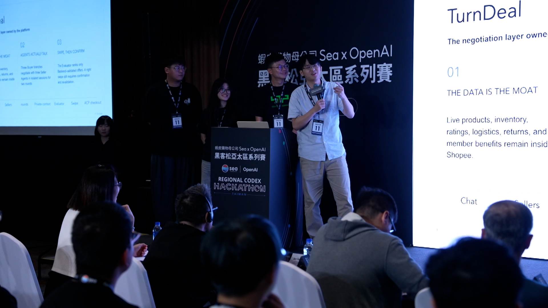 參賽團隊於黑客松舞台上發表簡報,展示結合OpenAI技術資源的電商創新方案。(圖/東森新聞)