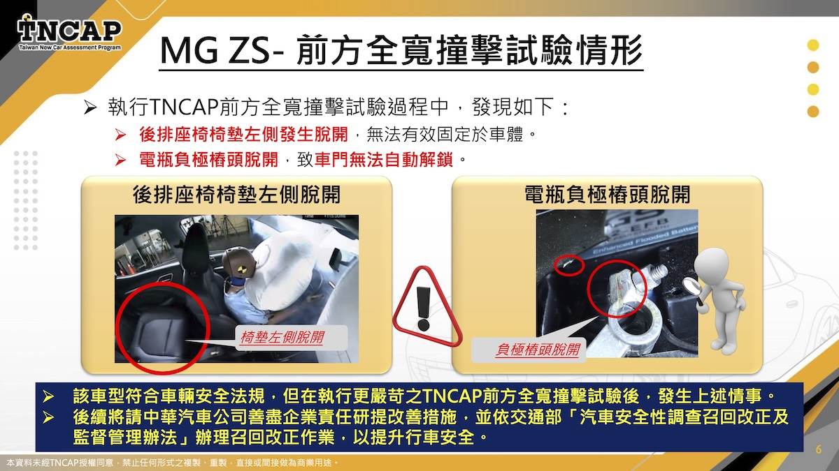 在前方全寬撞擊試驗過程中，受測車輛「後排座椅椅墊左側」以及「電瓶負極樁頭」出現脫開情形。（圖／TNCAP提供）